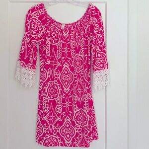 Yahada Pink & White Tunic Off the Shoulder Dress | Size Small